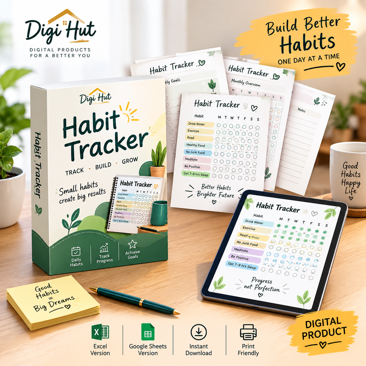 Monthly Habit Tracker Excel Template – 40 Habits with Auto Progress Chart